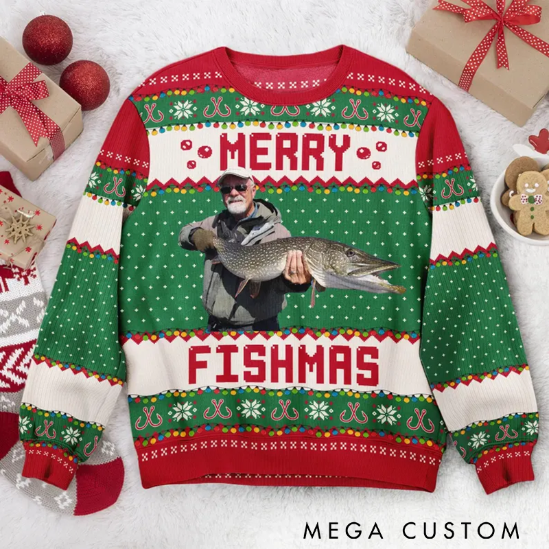 Personalized Merry Fishmas Sweater Ugly Christmas Sweater Custom Your Photo Fun Christmas Gift for Fishing Lovers Holiday Party