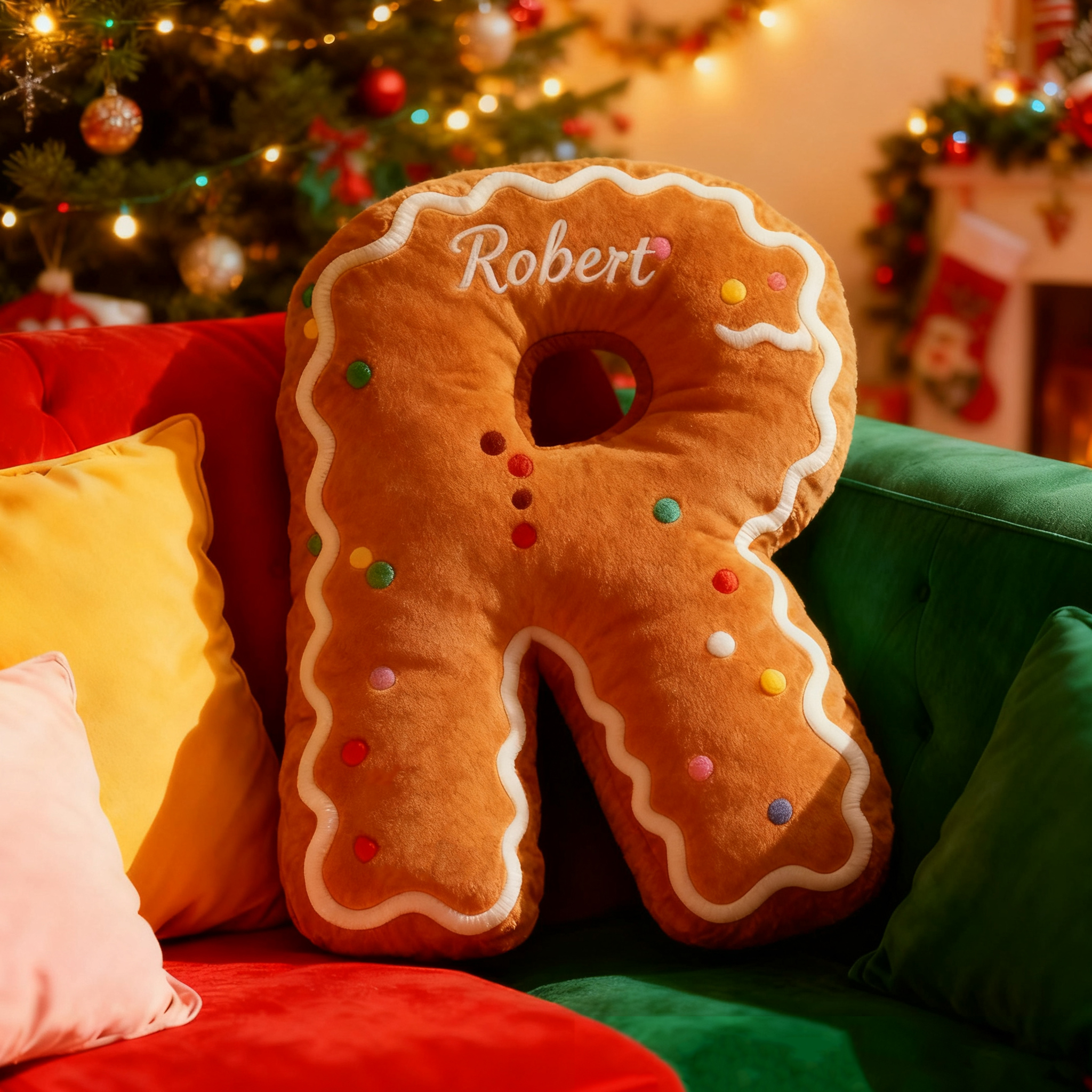 Personalized Gingerbread Alphabet Throw Pillow Graphic 3D Print Baking Cookie Letter Pillow with Name for Kids Christmas Baker Birthday Gift