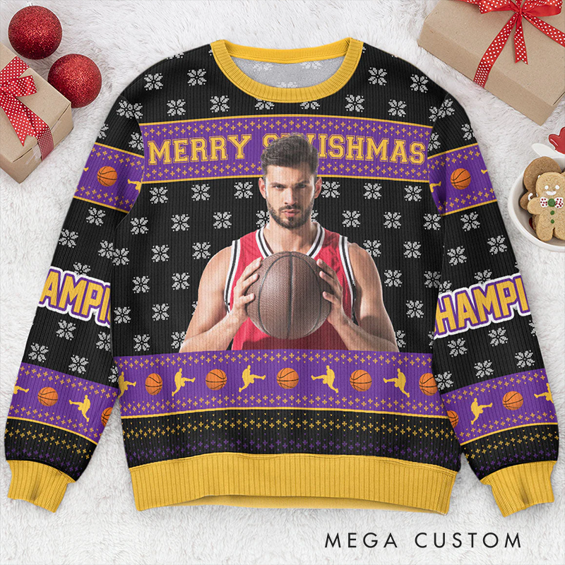 Personalized Basketball Christmas Sweater with Custom Photo and Festive Design