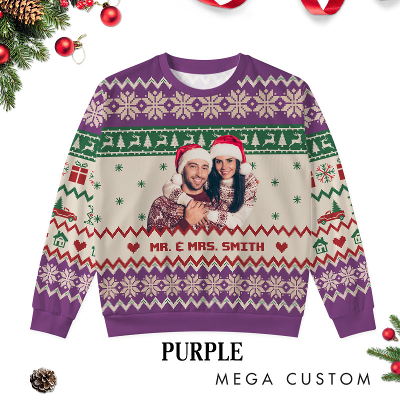 Personalized Couple Photo Christmas Ugly Sweater Custom Couple Face Xmas Matching Crewneck Sweatshirt Christmas Gift for Husband Wife