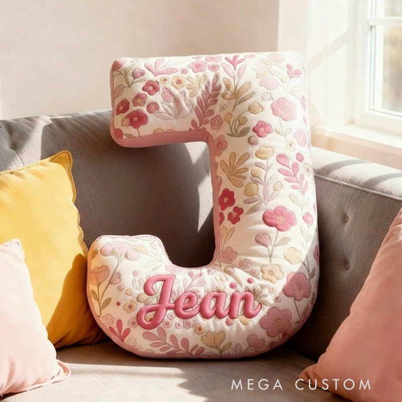 Personalized Pink Flower Letter Pillow Graphic 3D Print Pillow Custom Name Pillow for Kids Gardening Lovers Gift