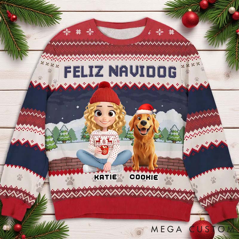 Personalized Dog Lover Feliz Navidog Christmas Ugly Sweater