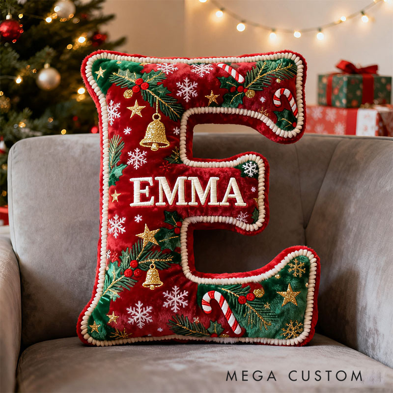 Personalized Christmas Letter Pillow Festive Holiday Decor Candy Cane and Bell Graphic 3D Print Cozy Custom Cushion for Living Room Soft Decorative