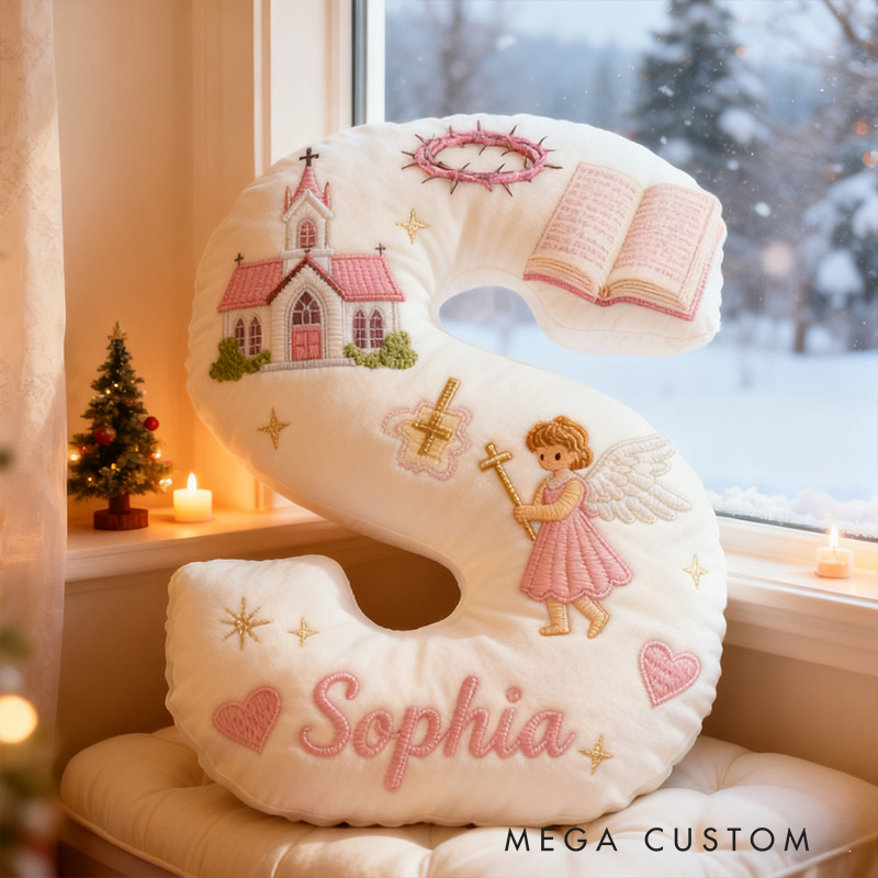 Personalized Little Angel Letter Pillow with Custom Name Kid Room Decor Church Cross Angel Bible Religious Faith Gift for Her Graphic 3D Print Pillow