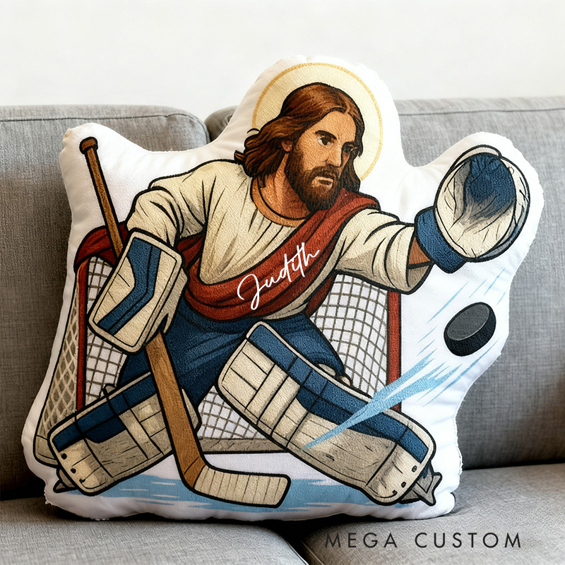 Personalized Jesus Saves Hockey Goalie Pillow with Name Home Decor Christian Humor Pillow Christian Athlete Gift Religious Gift for Hockey Lover