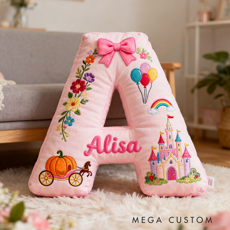 Personalized Pink Letter Christmas Gift Pillow with Castle Pumpkin Carriage Rainbow for a Fairytale Inspired Design Graphic 3D Print Pillow