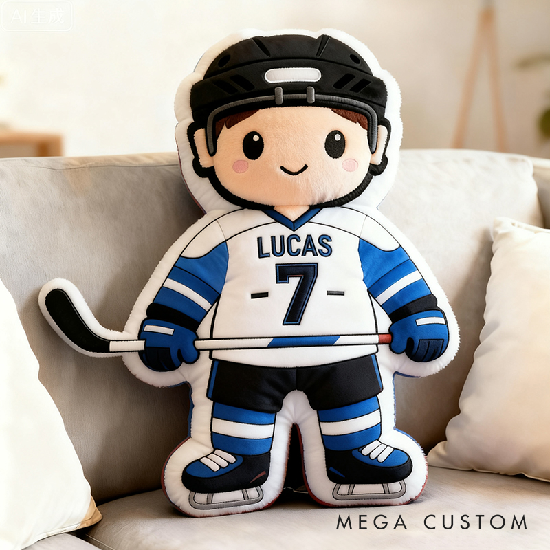 Personalized Cute Ice Hockey Themed Pillow with Custom Name and Jersey Number for Kids and Fans