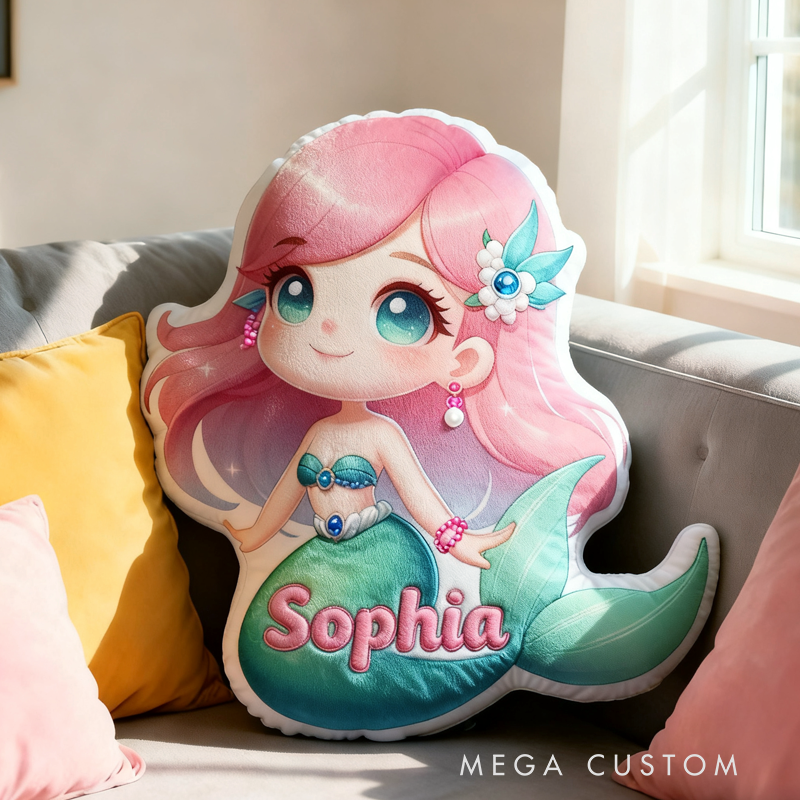 Personalized Cute 3D Cartoon Fantasy Mermaid with Name Pillow Christmas Gift for Kids Family