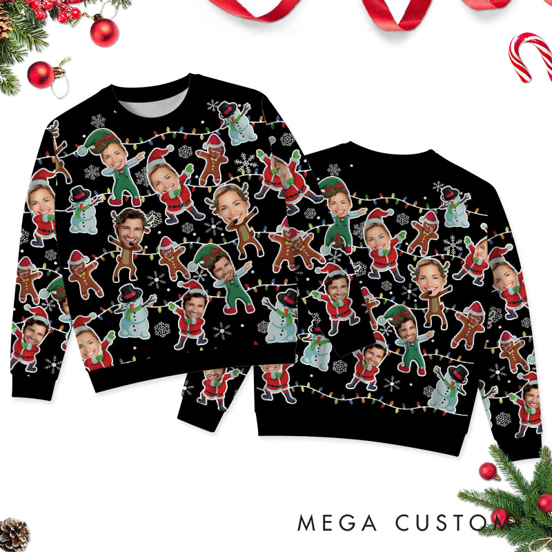 Personalized Funny Dabbing Couple Photo Christmas Ugly Sweater Custom Couple Face Xmas Matching Crewneck Sweatshirt Christmas Gift for Husband Wife