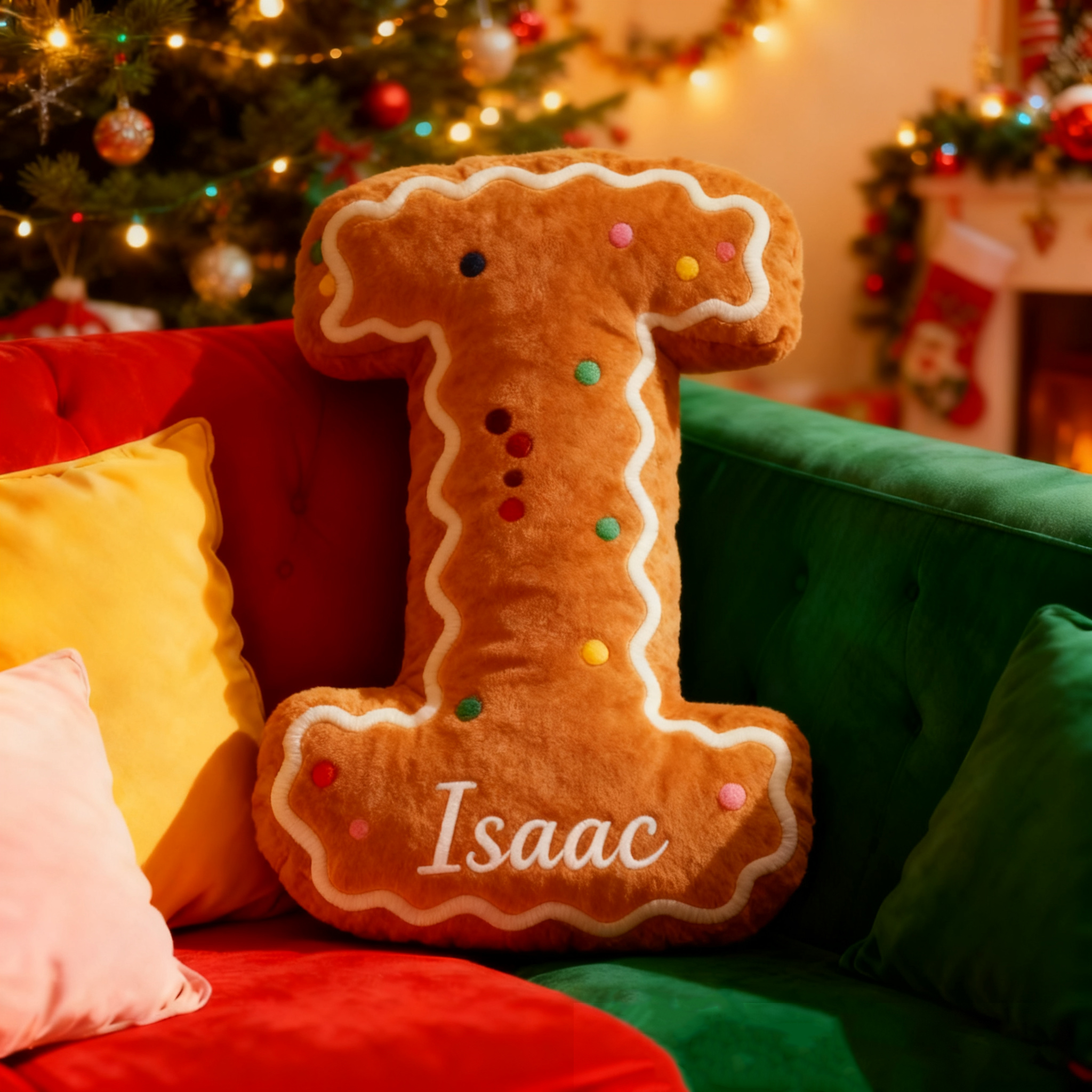 Personalized Gingerbread Alphabet Throw Pillow Graphic 3D Print Baking Cookie Letter Pillow with Name for Kids Christmas Baker Birthday Gift