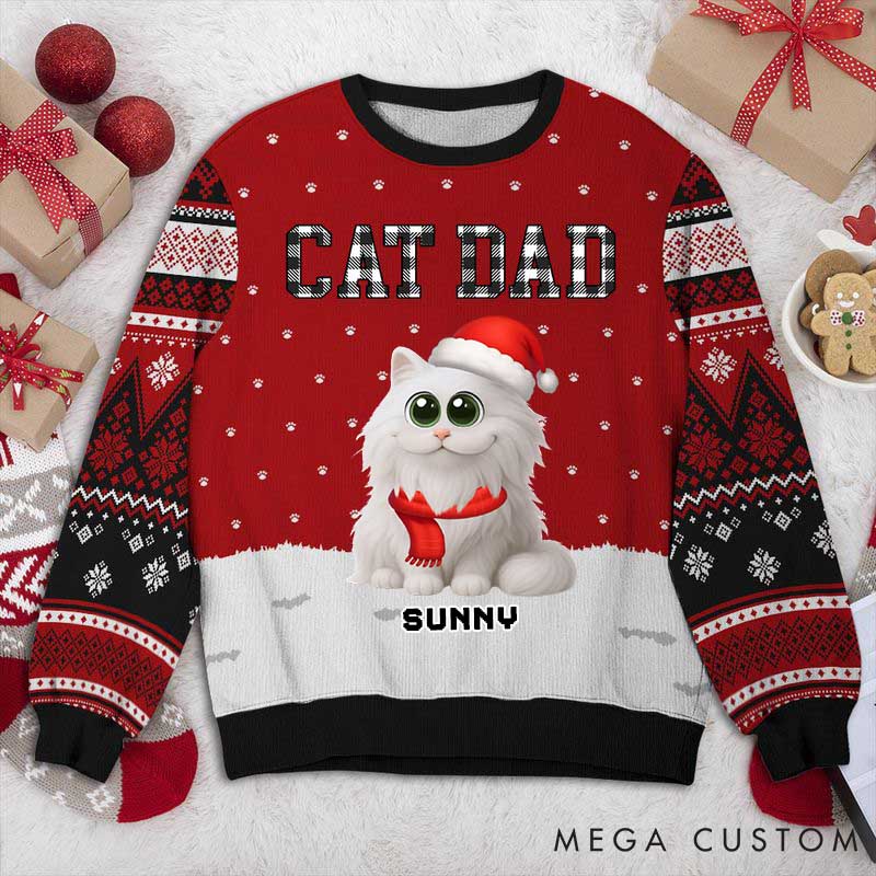 Personalized Cat Lover Cat Dad Pattern Christmas Ugly Sweater