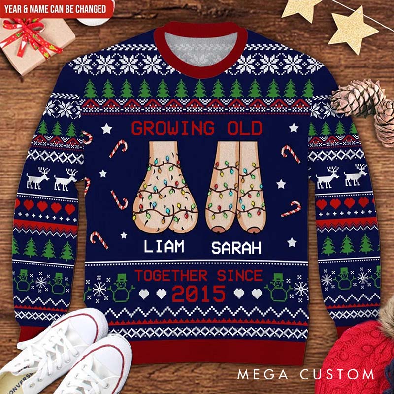 Personalized Growing Old Together Ugly Sweater Custom Funny Old Couple Christmas Sweater Wedding Anniversary Gift for Husband Wife Xmas Keepsake Sweater