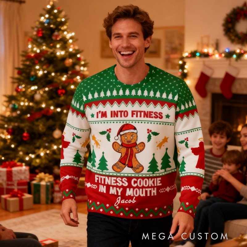 Personalized Merry Fitmas Ugly Christmas Sweater Funny Gingerbread Fitness Ugly Christmas Sweater Holiday Pullover for Fitness Gym Lovers