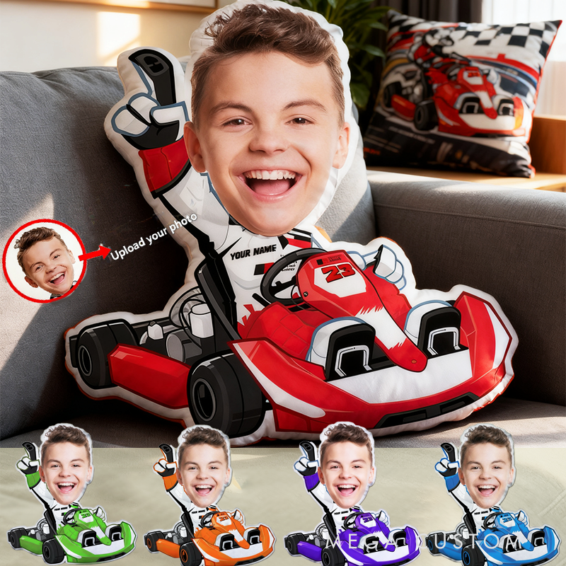 Personalized Kart Racing Custom Face Pillow Custom Name and Color Race Car Driver Shaped Cushion Gift for Racing and Car Lovers
