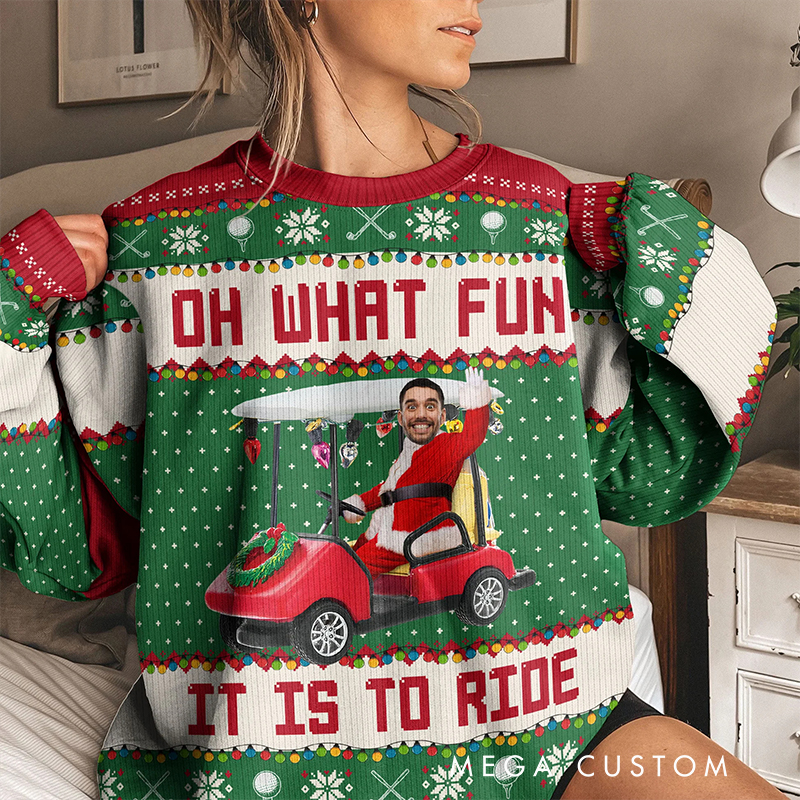 Personalized Christmas Ugly Sweatshirt with Custom Face and Golf Cart Design