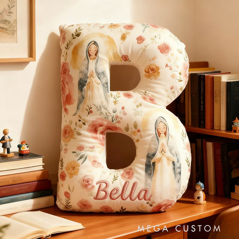 Personalized Virgin Mary Letter Pillow with Custom Name Home Decor Christian Thanksgiving Pillow Retro Fall Faith Gift for Family