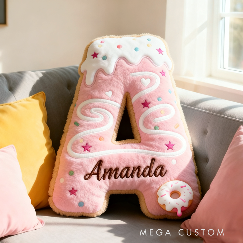 Personalized Cute Pink Donuts Initial Name Pillow Christmas Gift for Kids