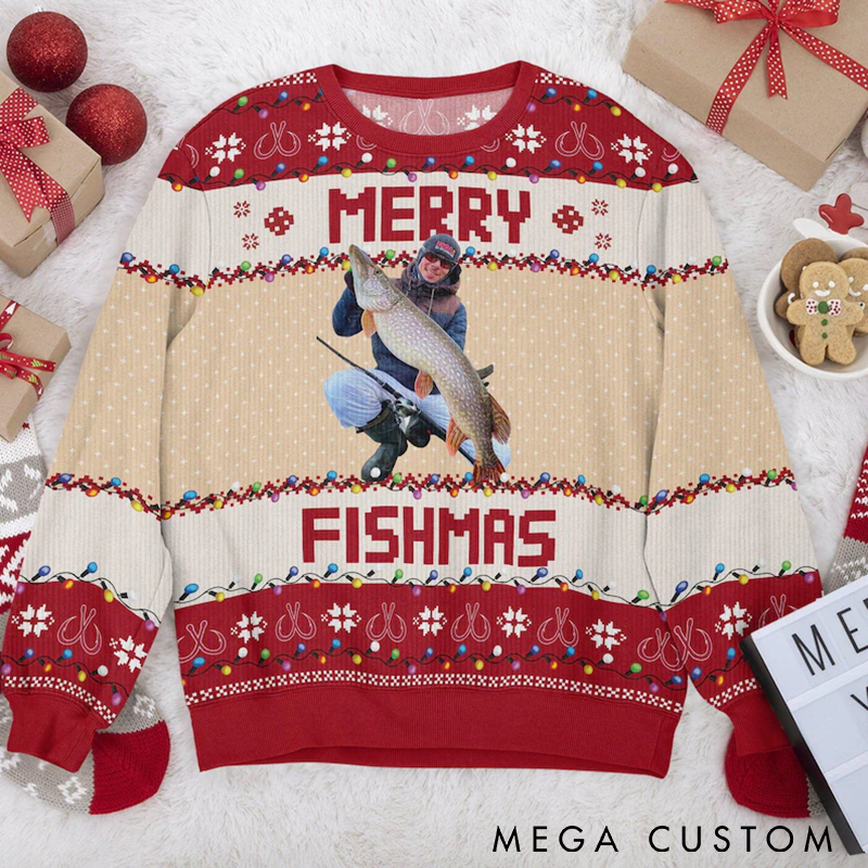 Personalized Merry Fishmas Sweater Photo Merry Fishmas Ugly Christmas Sweater Funny Fishing Themed Holiday Apparel Perfect Gift for Anglers Festive and Cozy Winter Wear