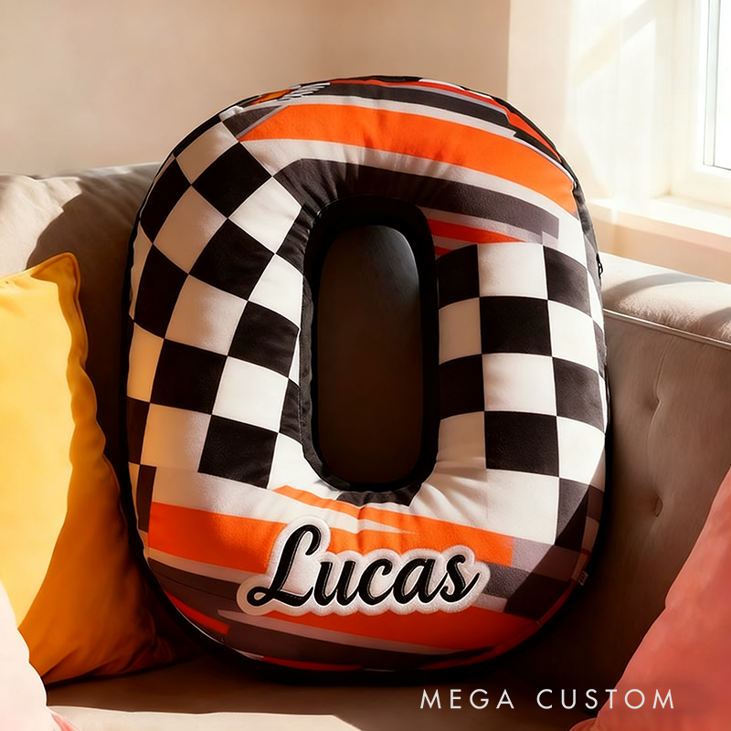 Personalized Racing Letter Pillow Graphic 3D Print Custom Name and Initial Checkered Flag Cushion Gift for Racers and Racing Lovers