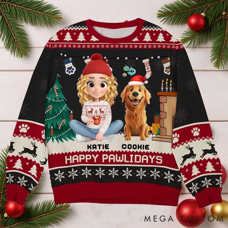 Personalized Dog Lover Snowy Pawlidays Christmas Ugly Sweater
