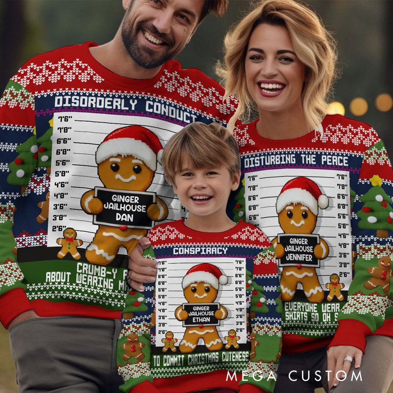 Personalized GInger Jailhouse Ugly Sweater with Text Family Ugly Christmas Sweater for Kids Dad Mom Adult with Name