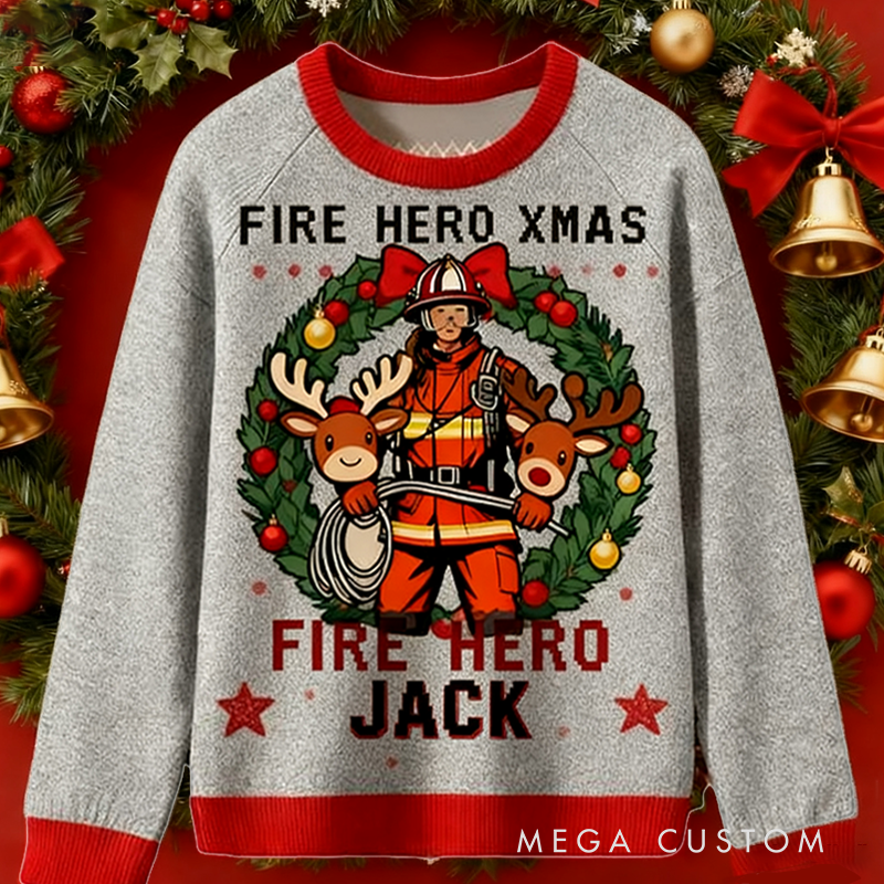 Personalized Christmas Firefighter Ugly Sweater Fireman Xmas Sweater Firefighter Ugly Christmas Sweater Fire Department Sweater For Men