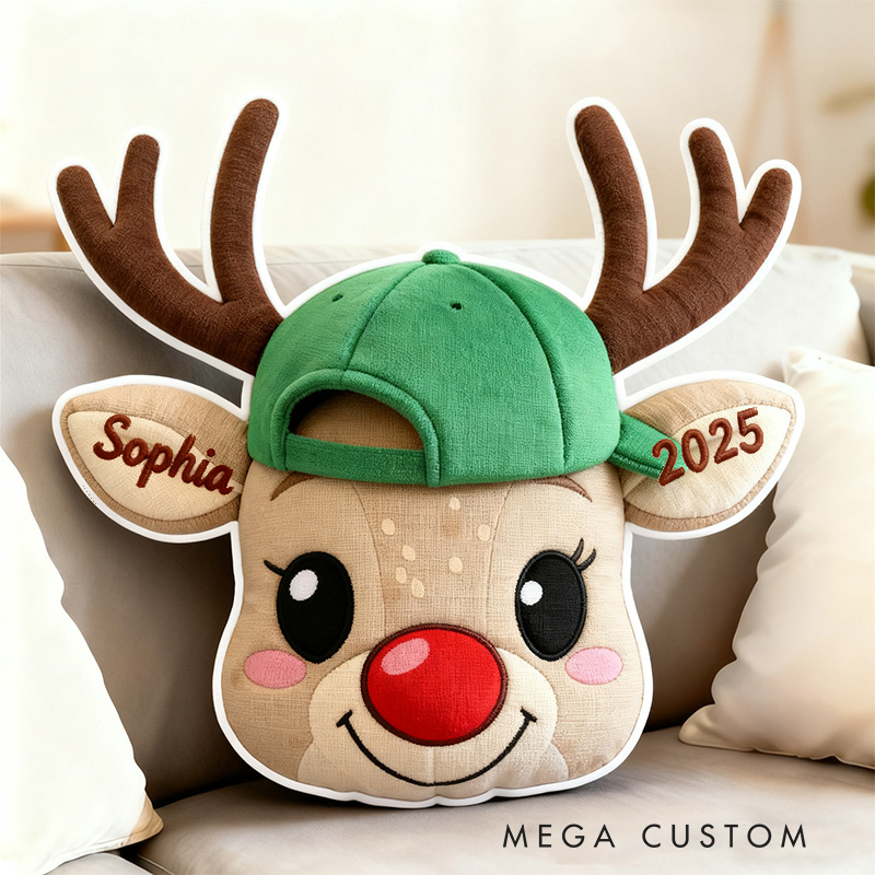 Personalized Cute Reindeer Face with Red Bow Custom Name and Year Soft Holiday Decoration Cozy Christmas Gift Plush  Graphic 3D Print Pillow