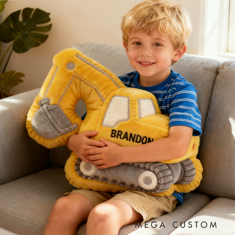 Personalized 3D Construction Excavator Plush Pillow With Your Own Name Soft Stuffed Toy for Kids Unique Decorative Cushion for Boys’ Room and Playroom