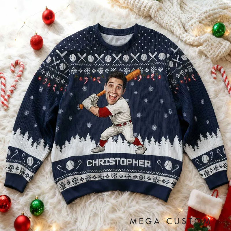 Personalized Baseball Christmas Ugly Sweatshirt with Custom Face and Name