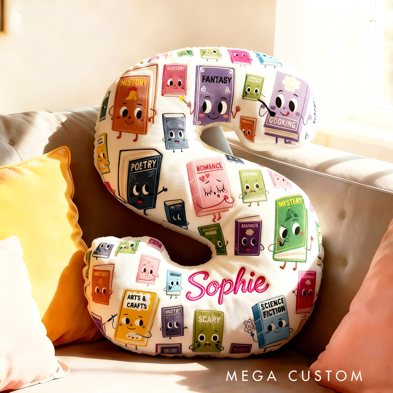 Personalized Book Genres Alphabet Throw Pillow Graphic 3D Cozy Bookish Pillow with Name for Kids Bookworm Librarian Christmas Throw Pillow Bookish Gift