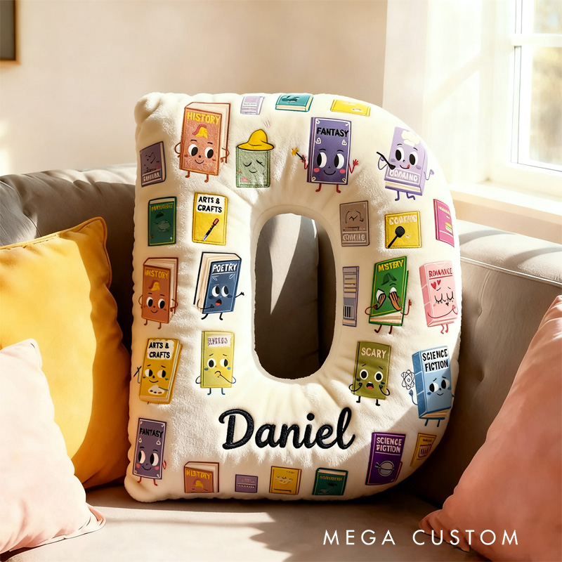 Personalized Book Genres Alphabet Throw Pillow Graphic 3D Cozy Bookish Pillow with Name for Kids Bookworm Librarian Christmas Throw Pillow Bookish Gift