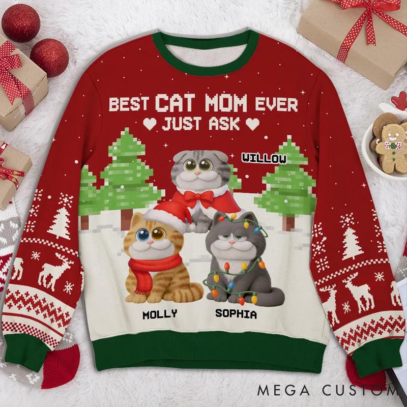 Personalized Cat Lover Best Chunky Cat Mom Christmas Ugly Sweater