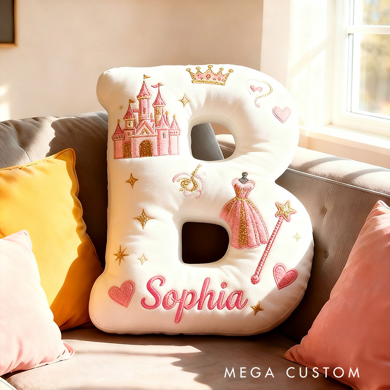Personalized Princess Letter Name Custom Kids Gift Pink Castle Crown Dress Magic Fairytale Soft Decorative Graphic 3D Print Pillow