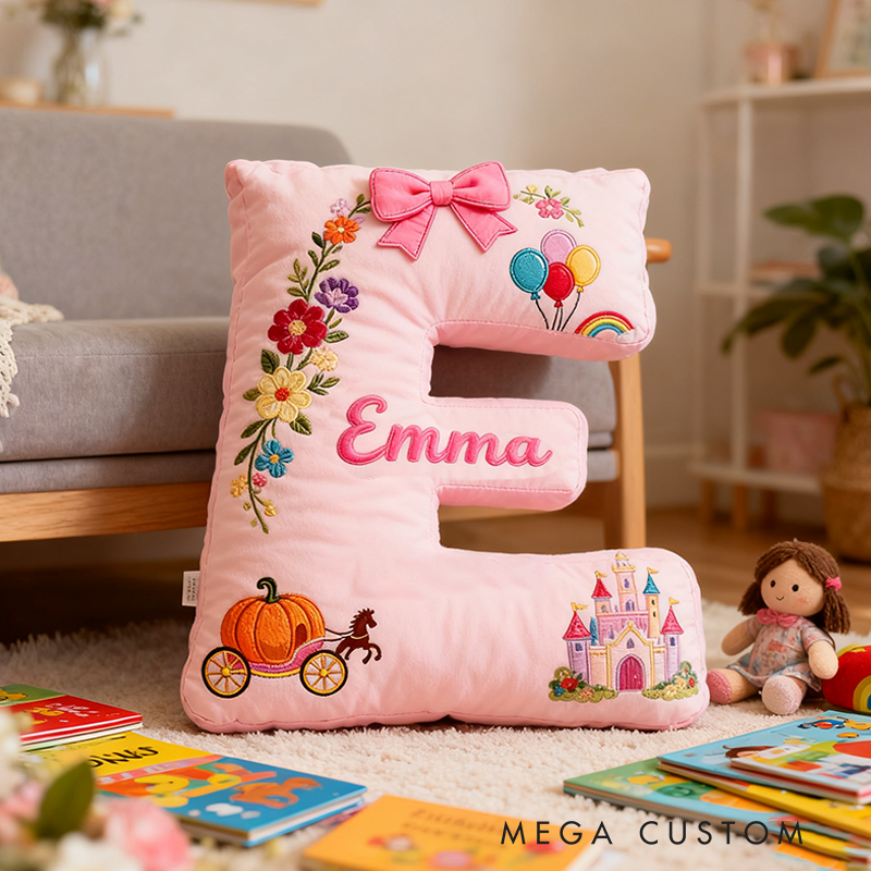 Personalized Pink Letter Christmas Gift Pillow with Castle Pumpkin Carriage Rainbow for a Fairytale Inspired Design Graphic 3D Print Pillow