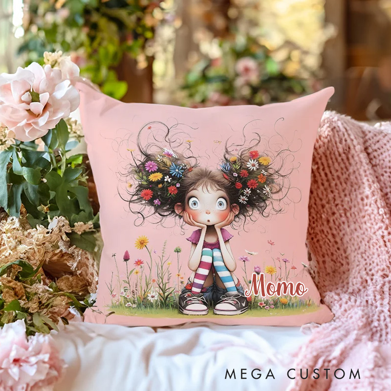 Personalized Cute Cartoon Quirky Girl Throw Pillow with Name Home Decor Birthday Gift for Girls