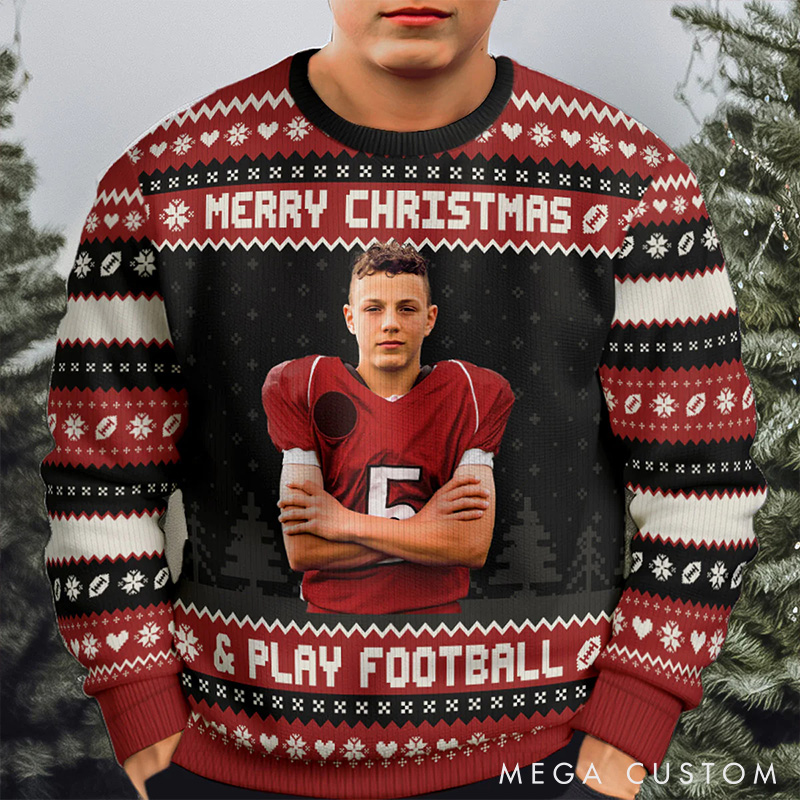 Personalized American Football Ugly Sweatershirt with Custom Photo and Festive Design