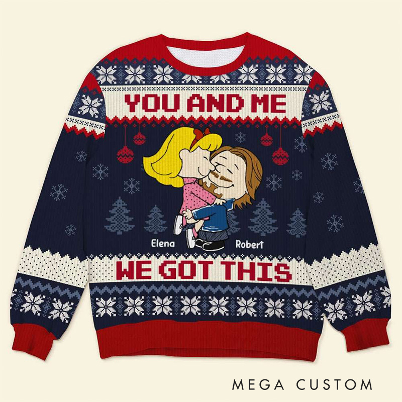 Personalized You And Me Cartoon Hugging Couple Anime Christmas Ugly Sweater Movie Lover Christmas Gift for Boyfriend Girlfriend Wife Husband