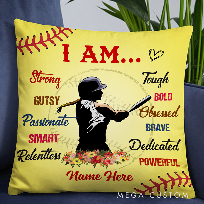 Personalized Softball Pillow with Inspiring Words and Custom Name
