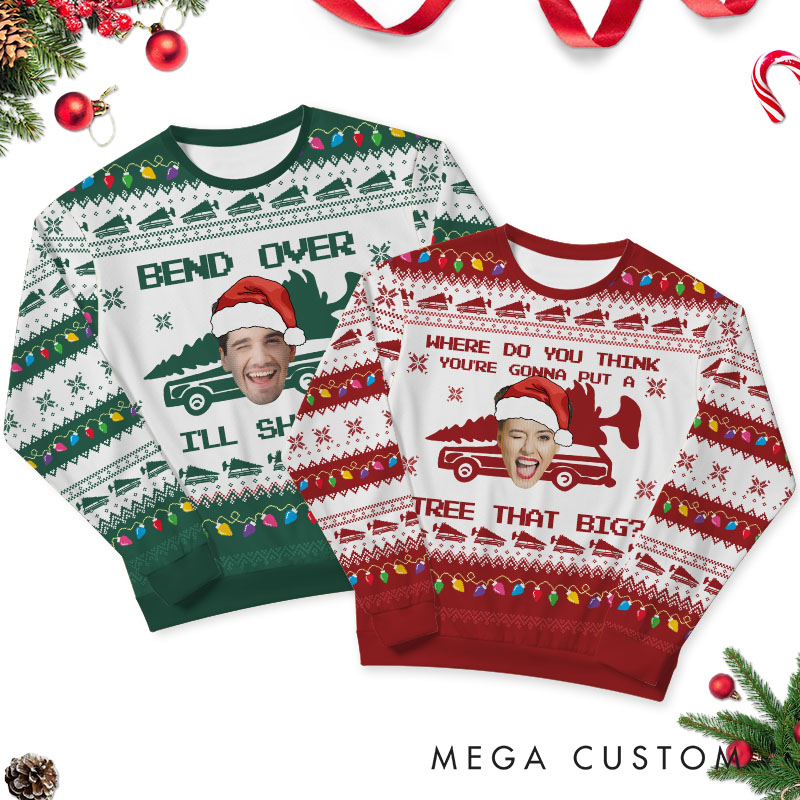 Personalized Funny Couple Bend Over and I'll Show You Christmas Ugly Sweater Custom Couple Face Photo Xmas Matching Crewneck Sweater for Husband Wife