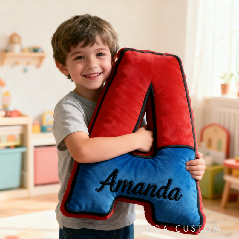 Personalized Cute Red and Blue Spider Web Initial Name Pillow Christmas Gift for Kids Family