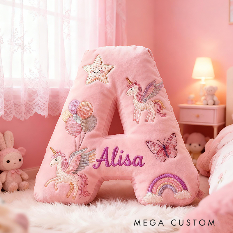 Personalized Pink Rainbow Letter Initial Custom Name Soft Decorative Gift Magical Girls Room Cozy Alphabet Shape  Graphic 3D Print Pillow