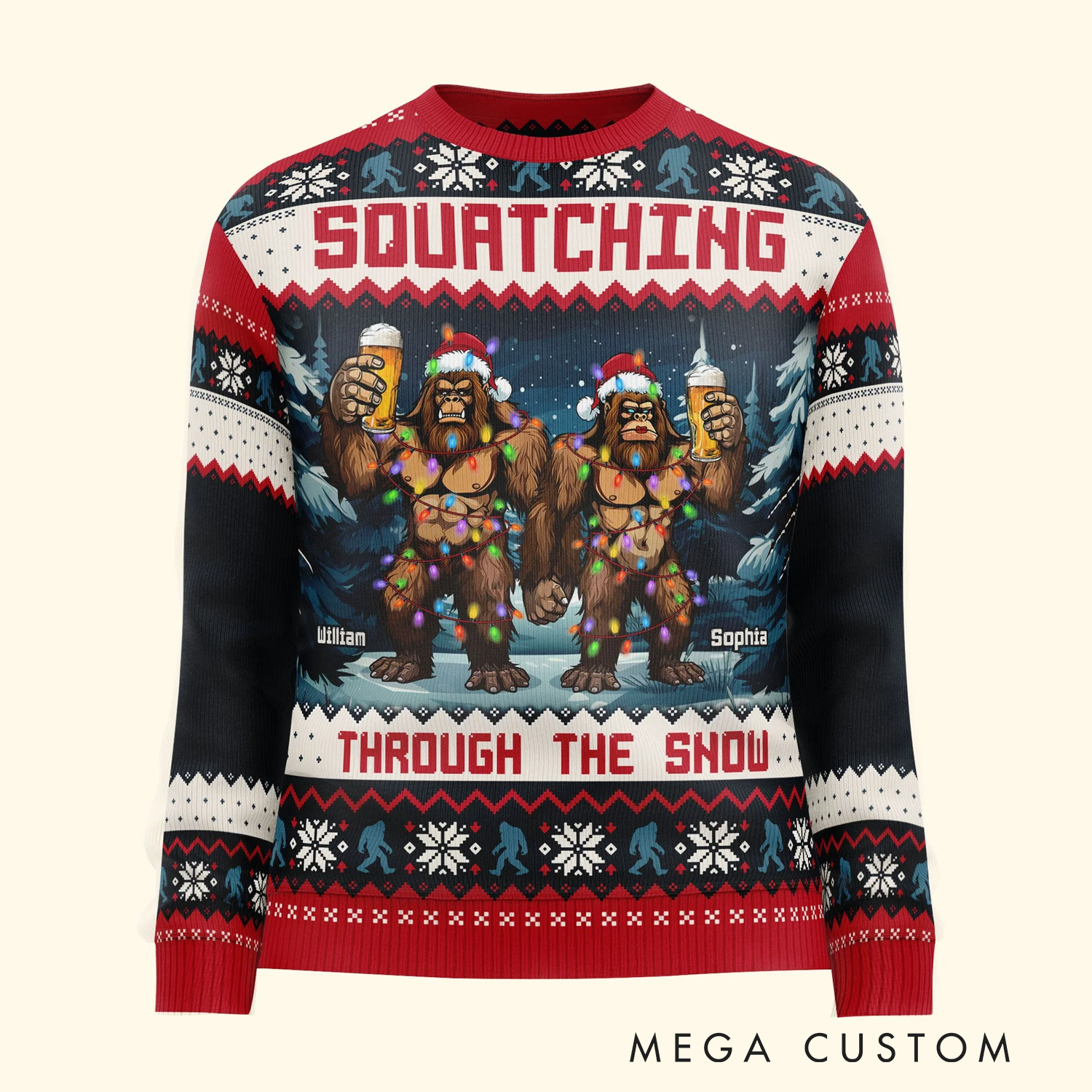 Personalized Squatching Through the Snow Ugly Sweater Christmas Gift for Outdoor Hiking Enthusiasts