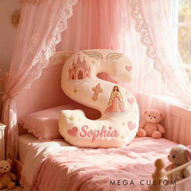 Personalized Virgin Mary Letter Pillow with Custom Name Kid Room Decor Church Cross Angel Wing Religious Faith Gift for Her Graphic 3D Print Pillow