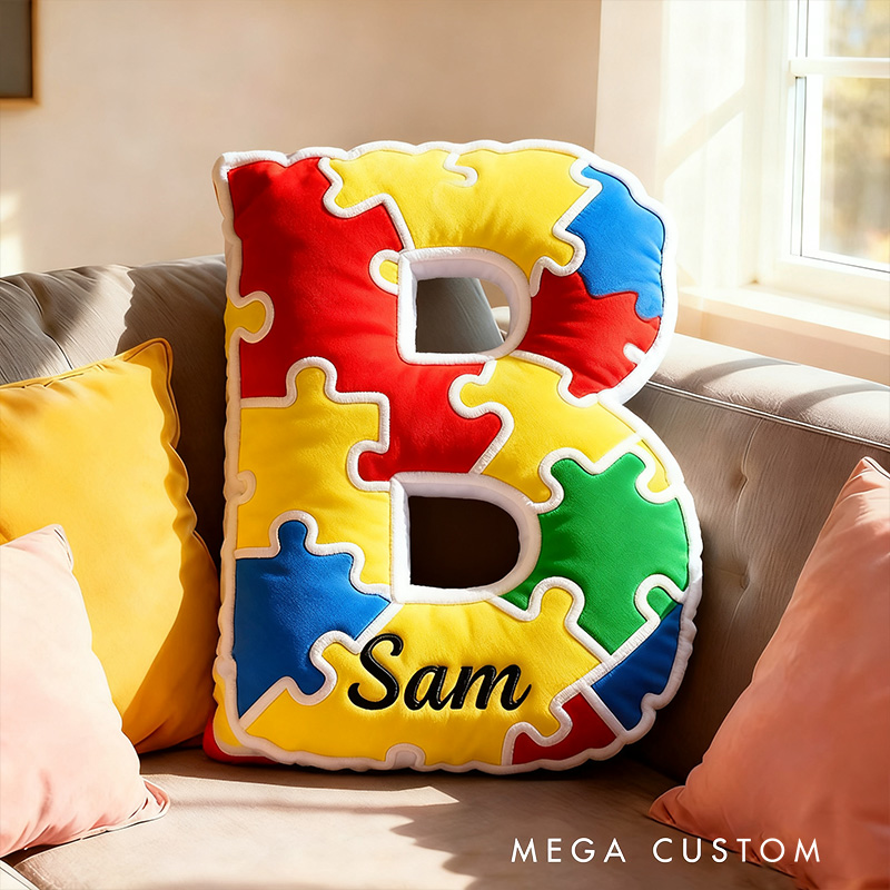 Personalized Bright Puzzle Pattern Letter Initial Name Cushion Soft Decorative Gift for Kids Room Fun Alphabet Shape Pillow