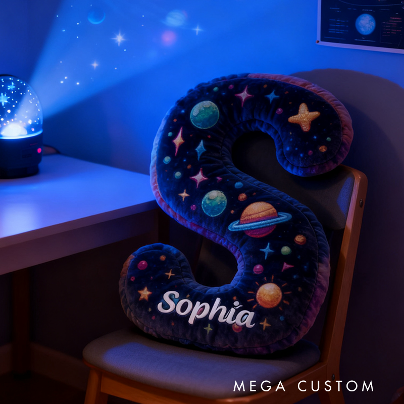 Personalized Neon Space Alphabet Pillow Galaxy Letters Pillow Galaxy Astronaut Rocket Planet Pillow Gifts for Kid Science Fiction Fans
