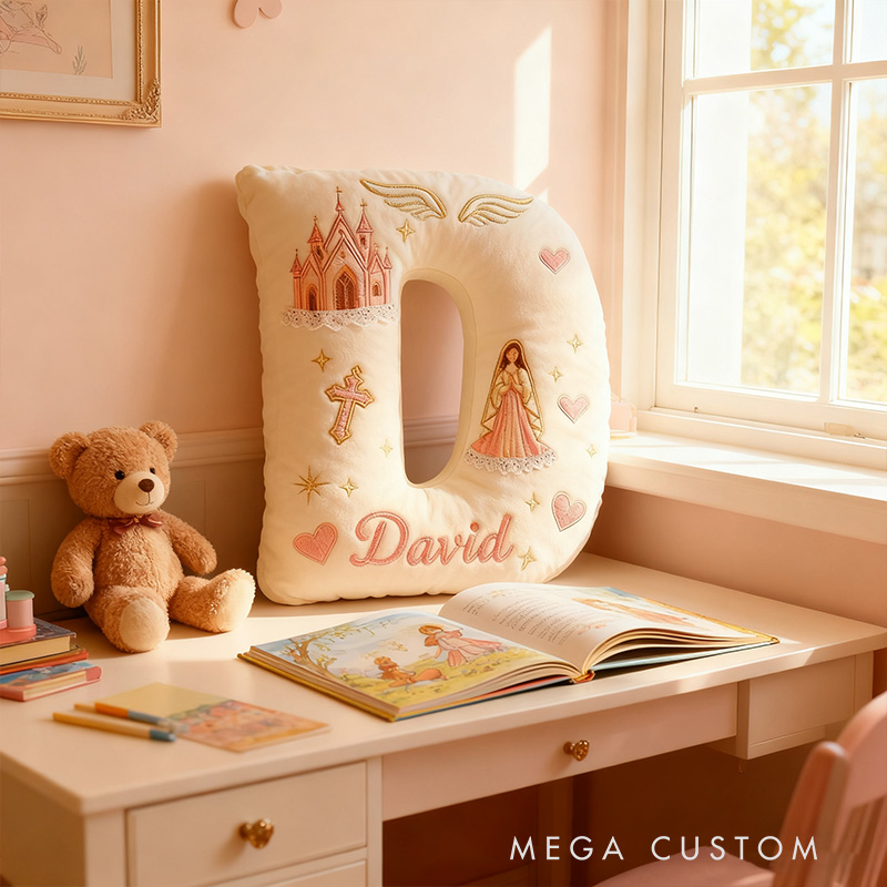 Personalized Virgin Mary Letter Pillow with Custom Name Kid Room Decor Church Cross Angel Wing Religious Faith Gift for Her Graphic 3D Print Pillow