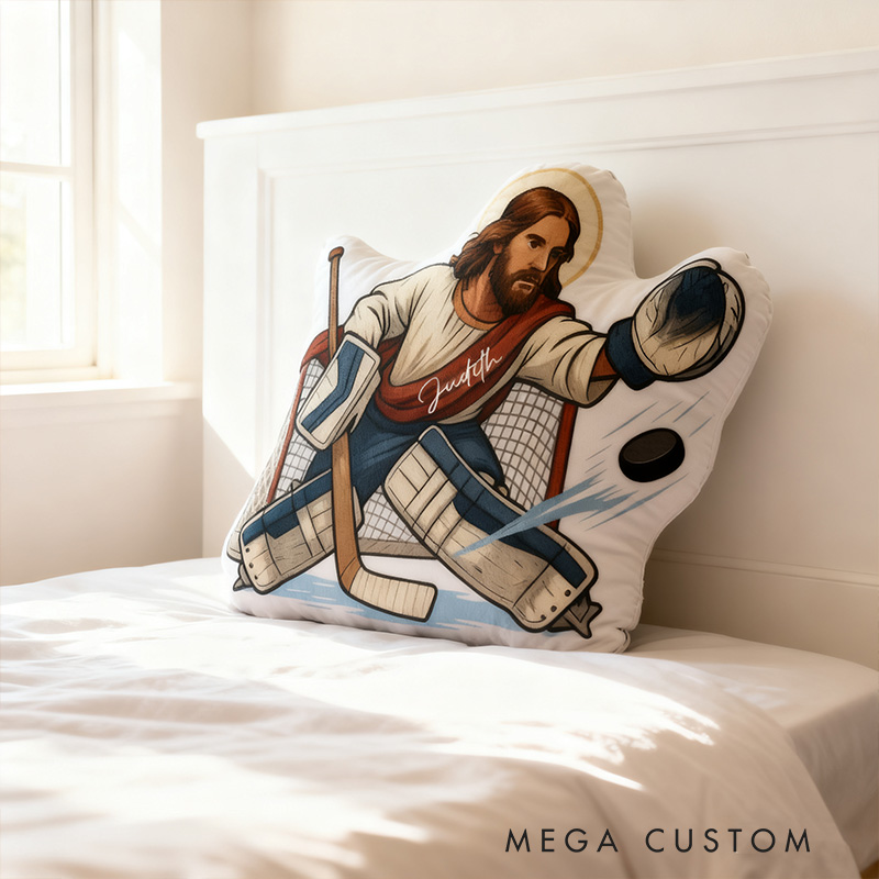 Personalized Jesus Saves Hockey Goalie Pillow with Name Home Decor Christian Humor Pillow Christian Athlete Gift Religious Gift for Hockey Lover