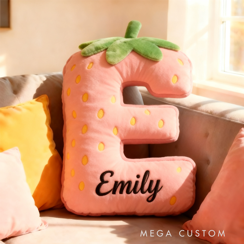 Personalized Cute Strawberry Initial Graphic 3D Print Pillow with Name Christmas Gift for Kids