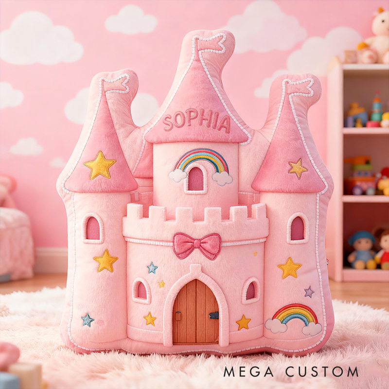 Personalized Pink Rainbow Castle Shape Custom Name Soft Decorative Gift Fairytale Princess Style Cozy Playroom Dream Star Graphic 3D Print Pillow