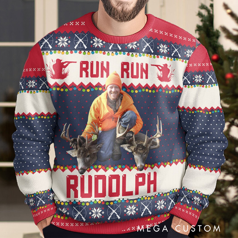 Personalized Hunting Photo Ugly Sweater Run Run Rudolph Hunting Christmas Jumpers Xmas Ugly Sweater Party Gift for Hunting Lovers